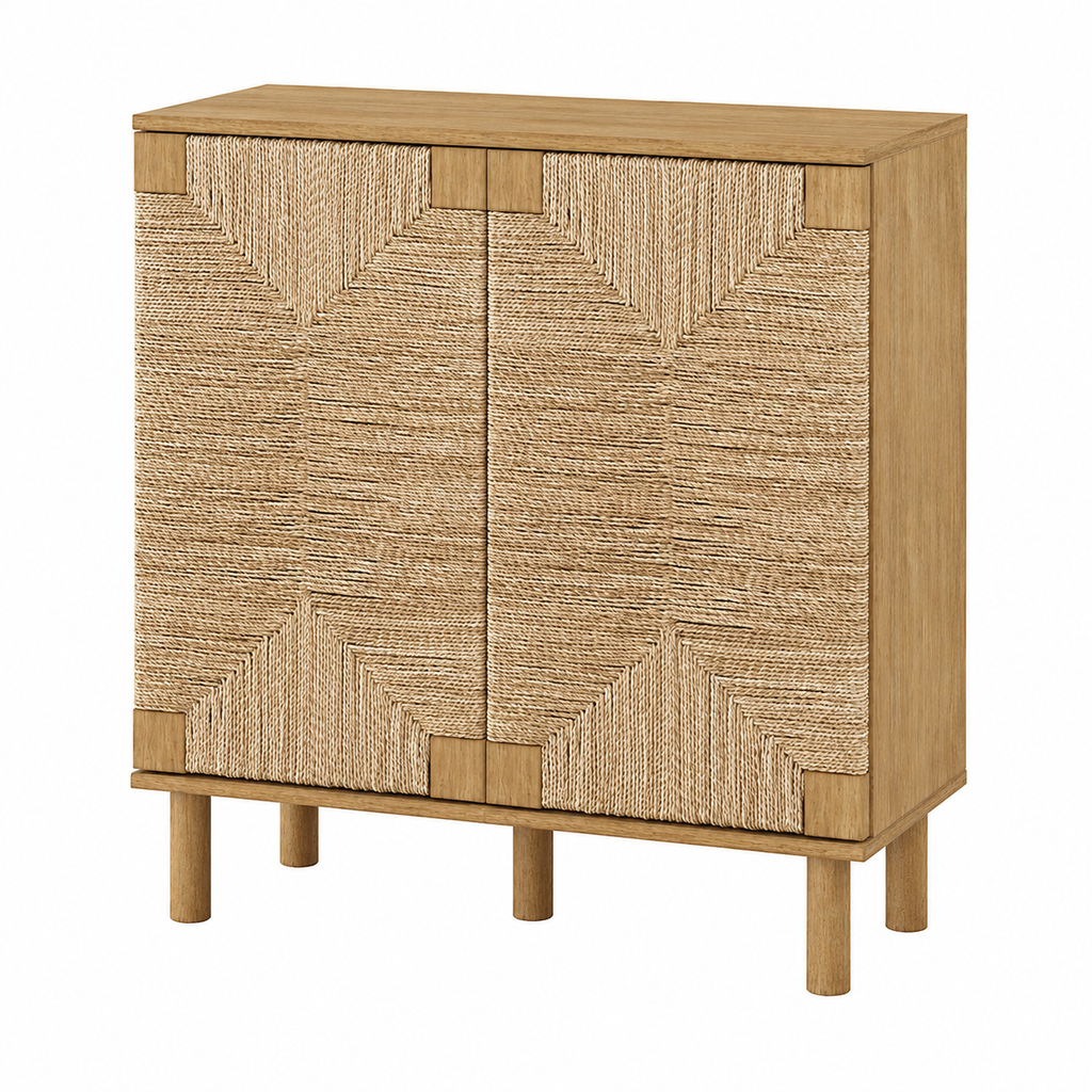 Seagrass Wood Storage Cabinet - Brushed Light Brown & Seagrass