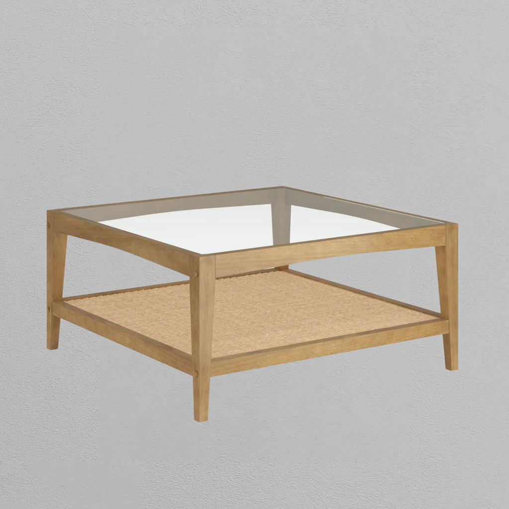 Square Glass & Rattan Coffee Table with Solid Wood Legs