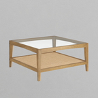 Square Glass & Rattan Coffee Table with Solid Wood Legs