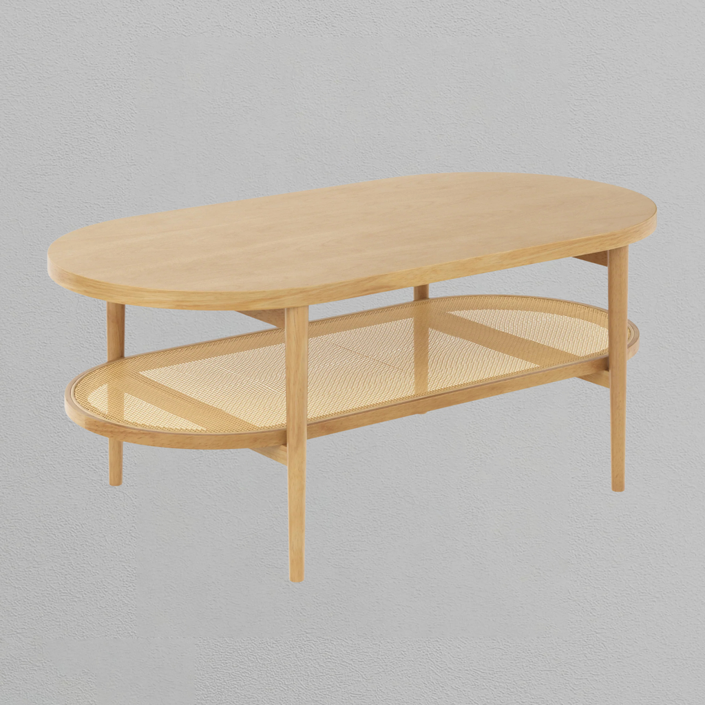 Wood & Rattan Oval Coffee Table Warm Pine