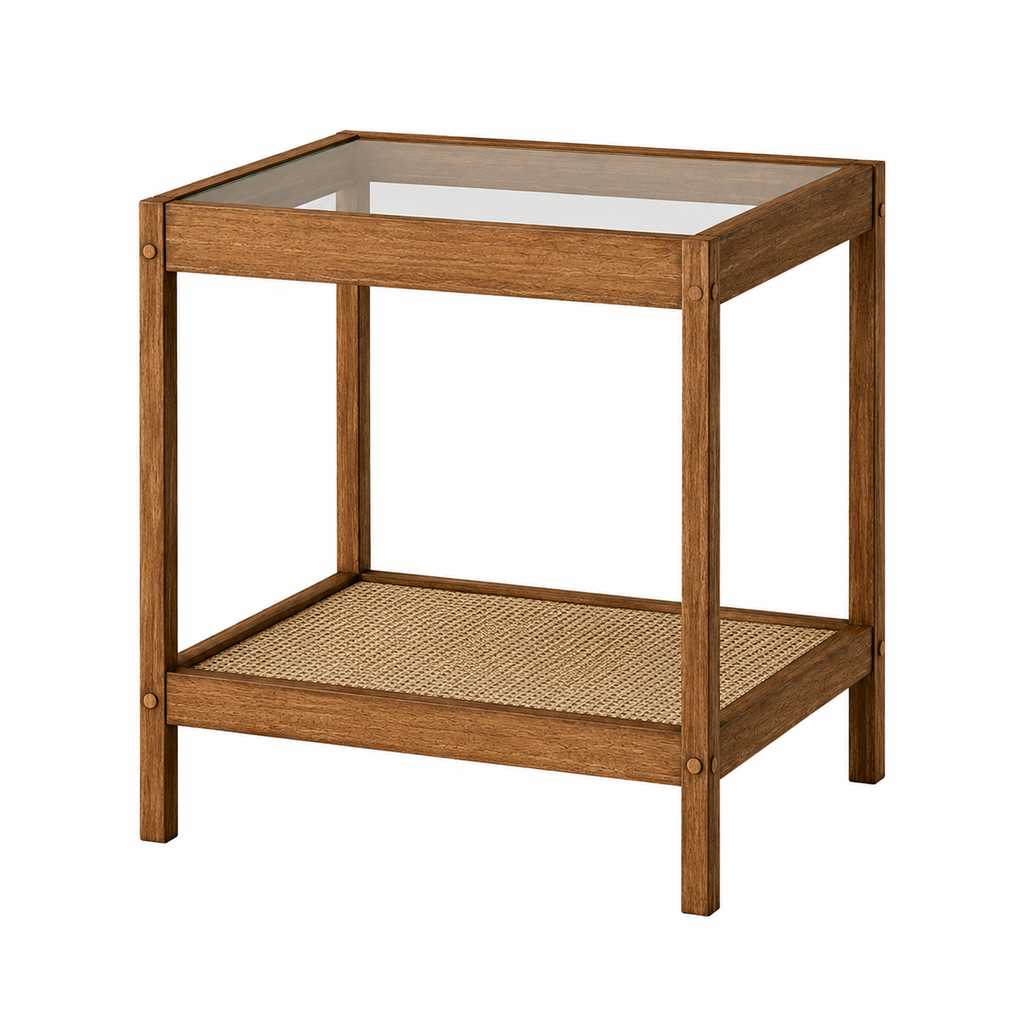 Rattan Glass Wood End Table - Brushed Light Brown