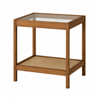 Rattan Glass Wood End Table - Brushed Light Brown