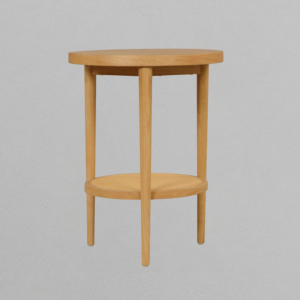 Wood & Rattan Round End Table Warm Pine