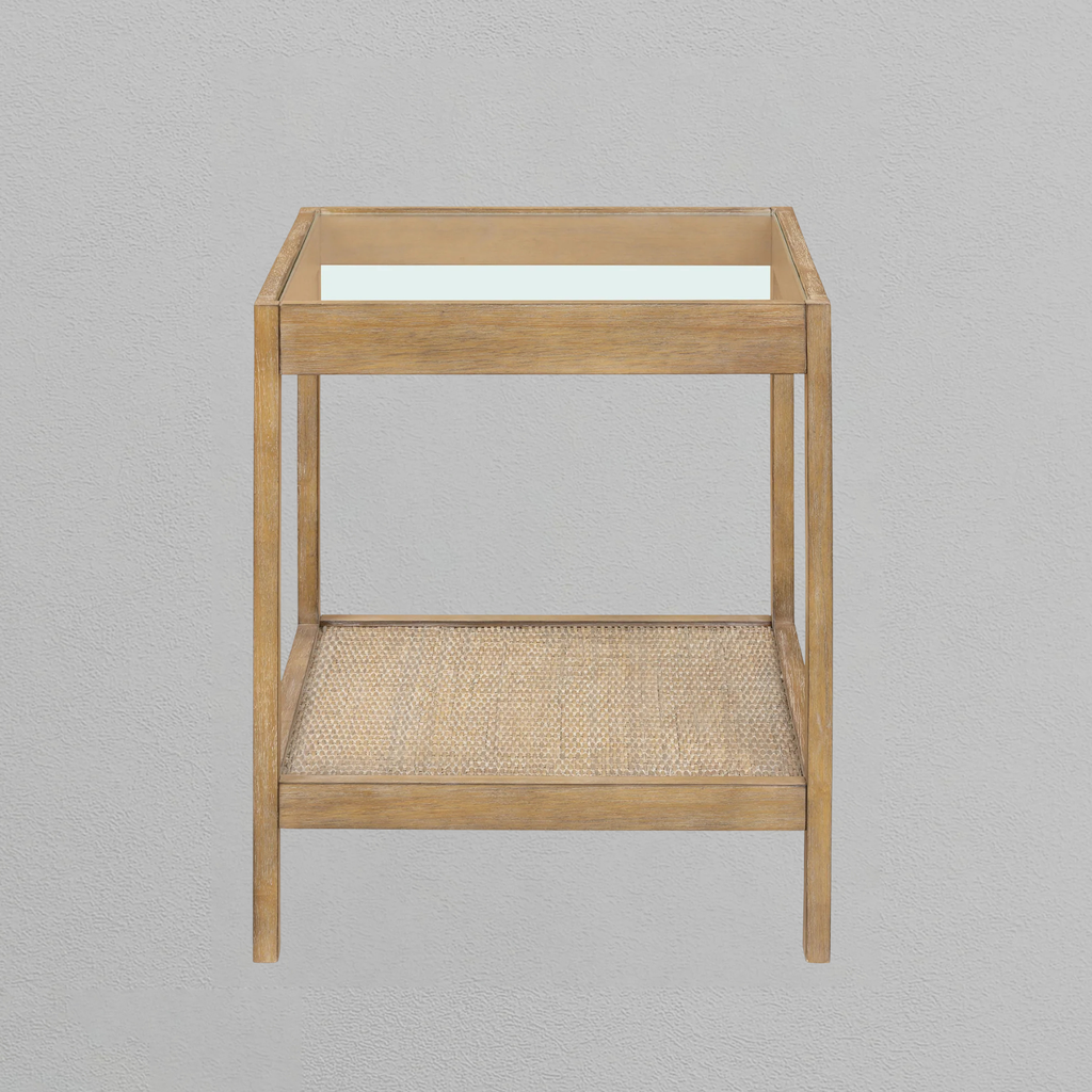 Solid Wood, Rattan & Glass Top End Table