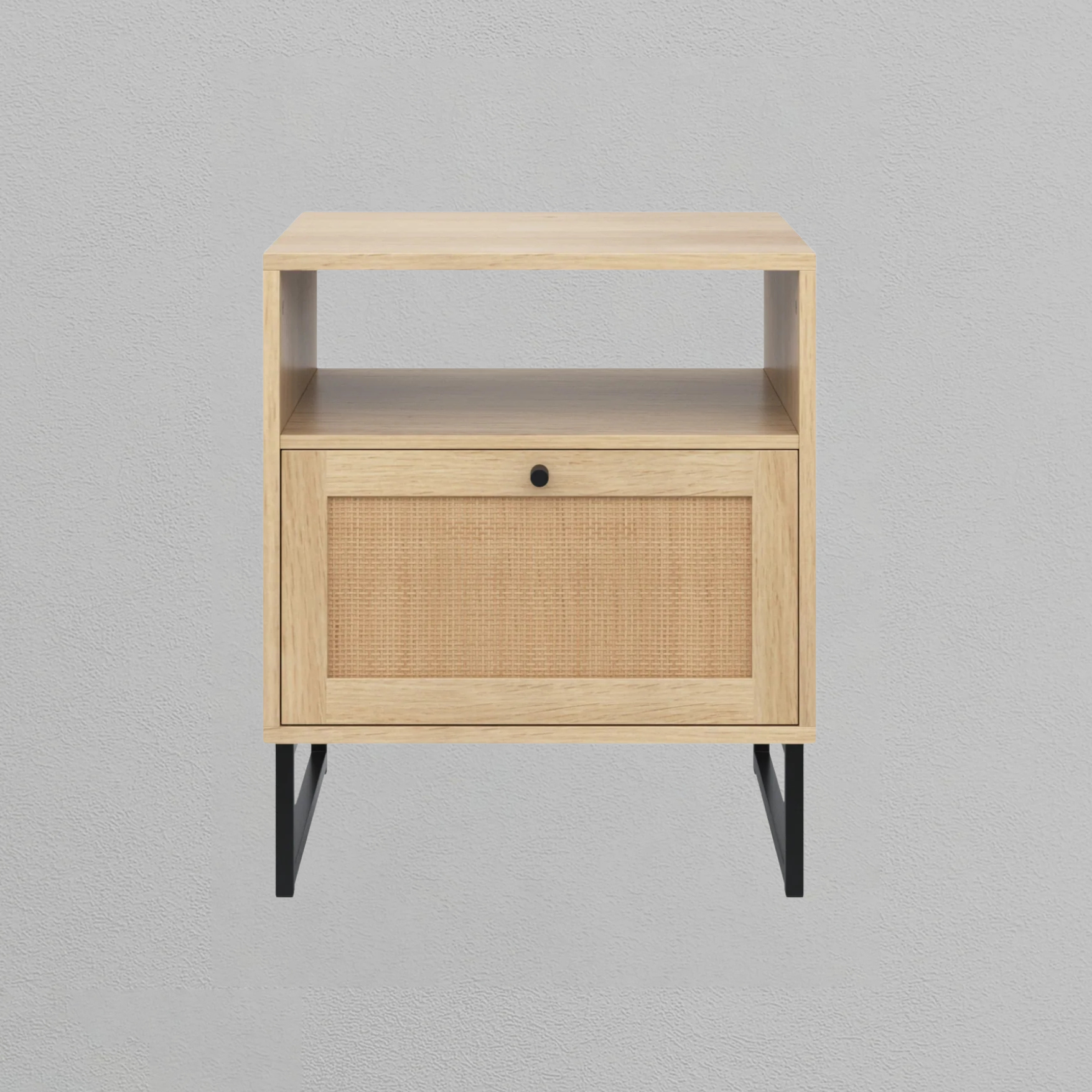 Rattan & Wood Storage Nightstand Light Oak