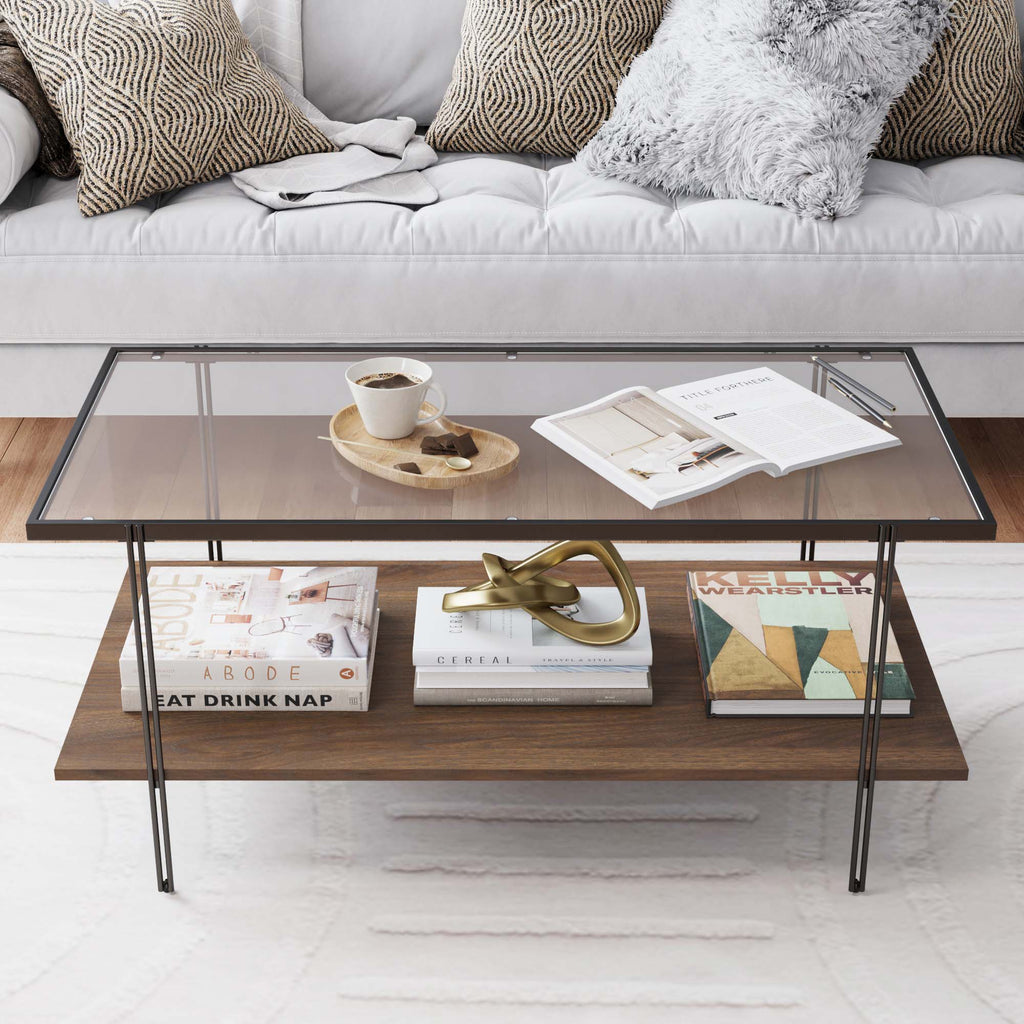 Glass Walnut Modern Coffee Table - Walnut & Matte Black