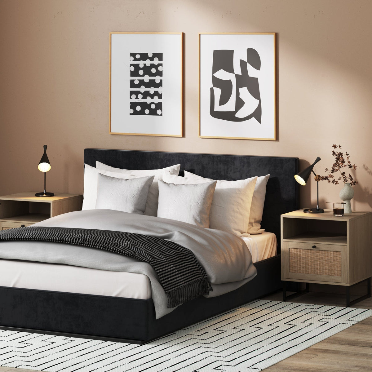 Rattan Wood Oak Nightstand - Light Oak & Rattan & Matte Black