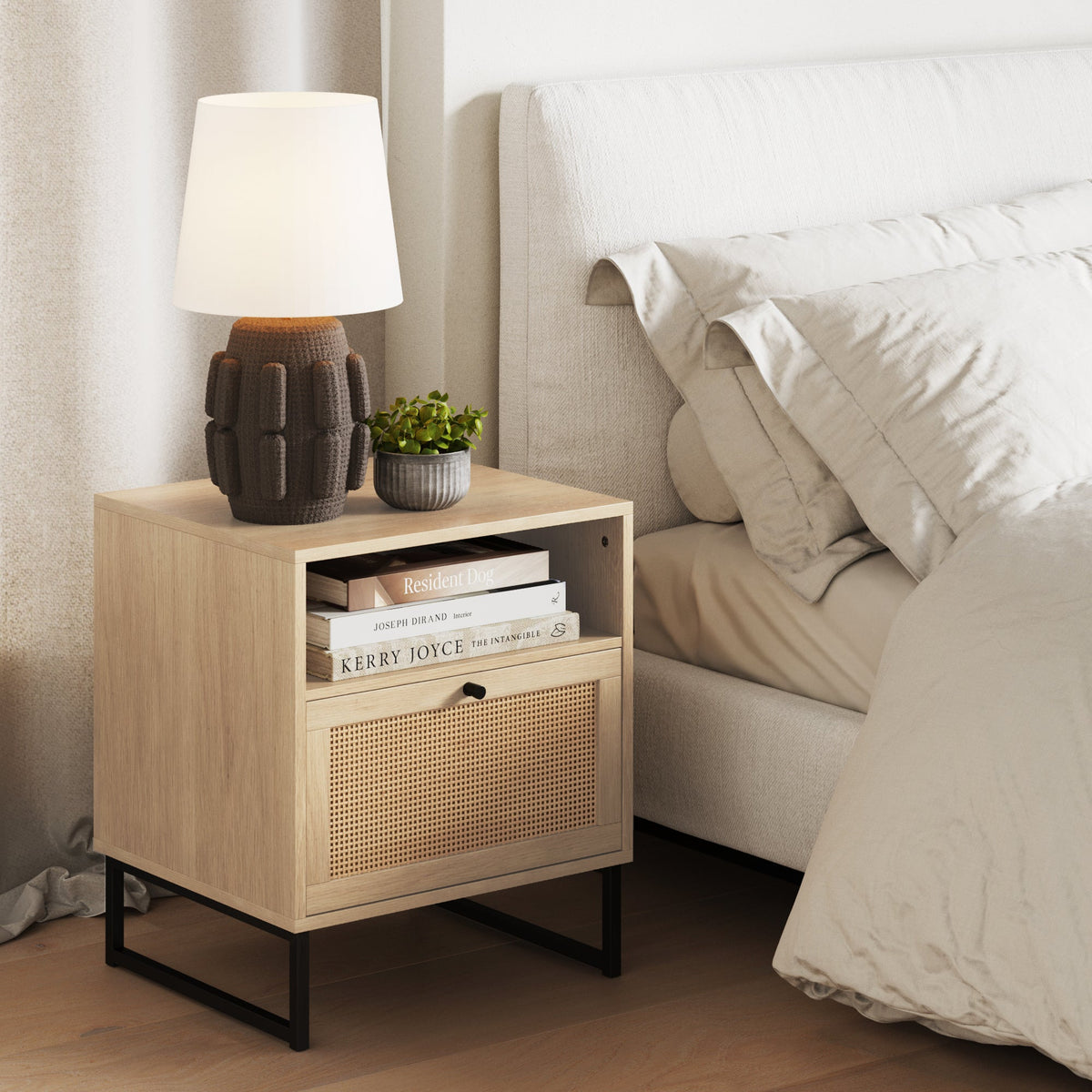 Rattan Wood Oak Nightstand - Light Oak & Rattan & Matte Black