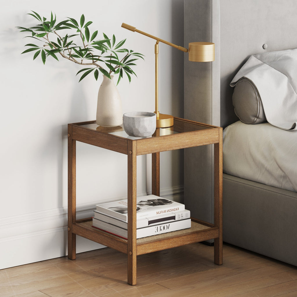 Rattan Glass Wood End Table - Brushed Light Brown