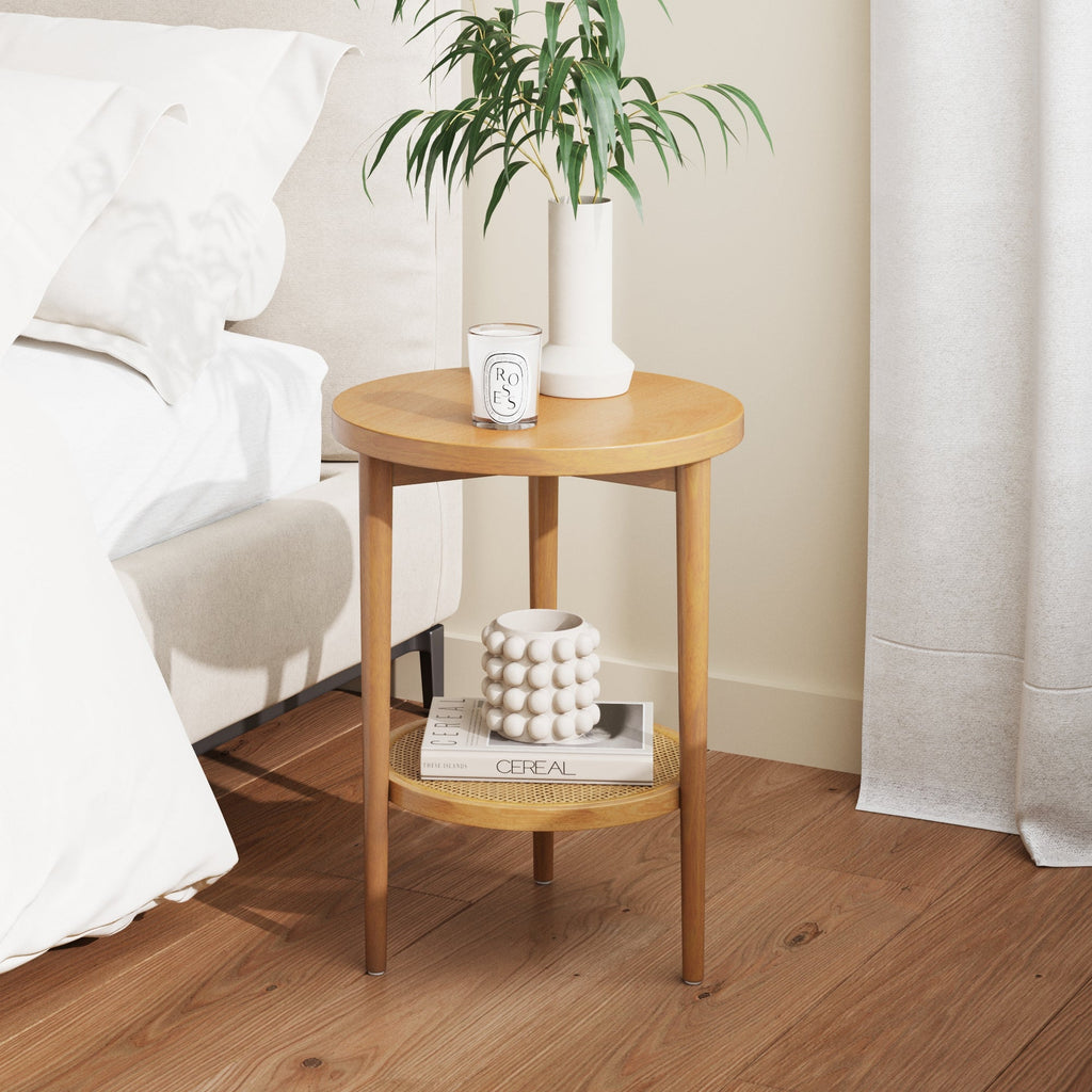 Rattan Wood Round End Table - Warm Pine & Warm Synthetic Rattan