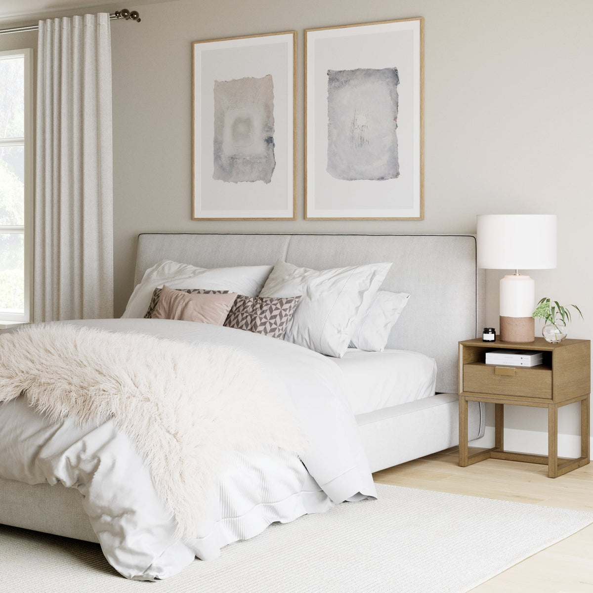 Wood Farmhouse Modern Nightstand - Brushed Light Brown & Gold