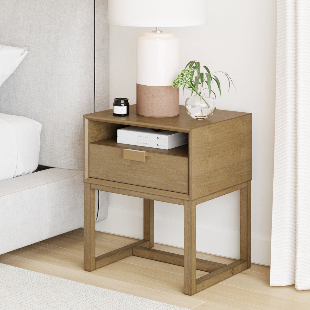 Wood Farmhouse Modern Nightstand - Brushed Light Brown & Gold