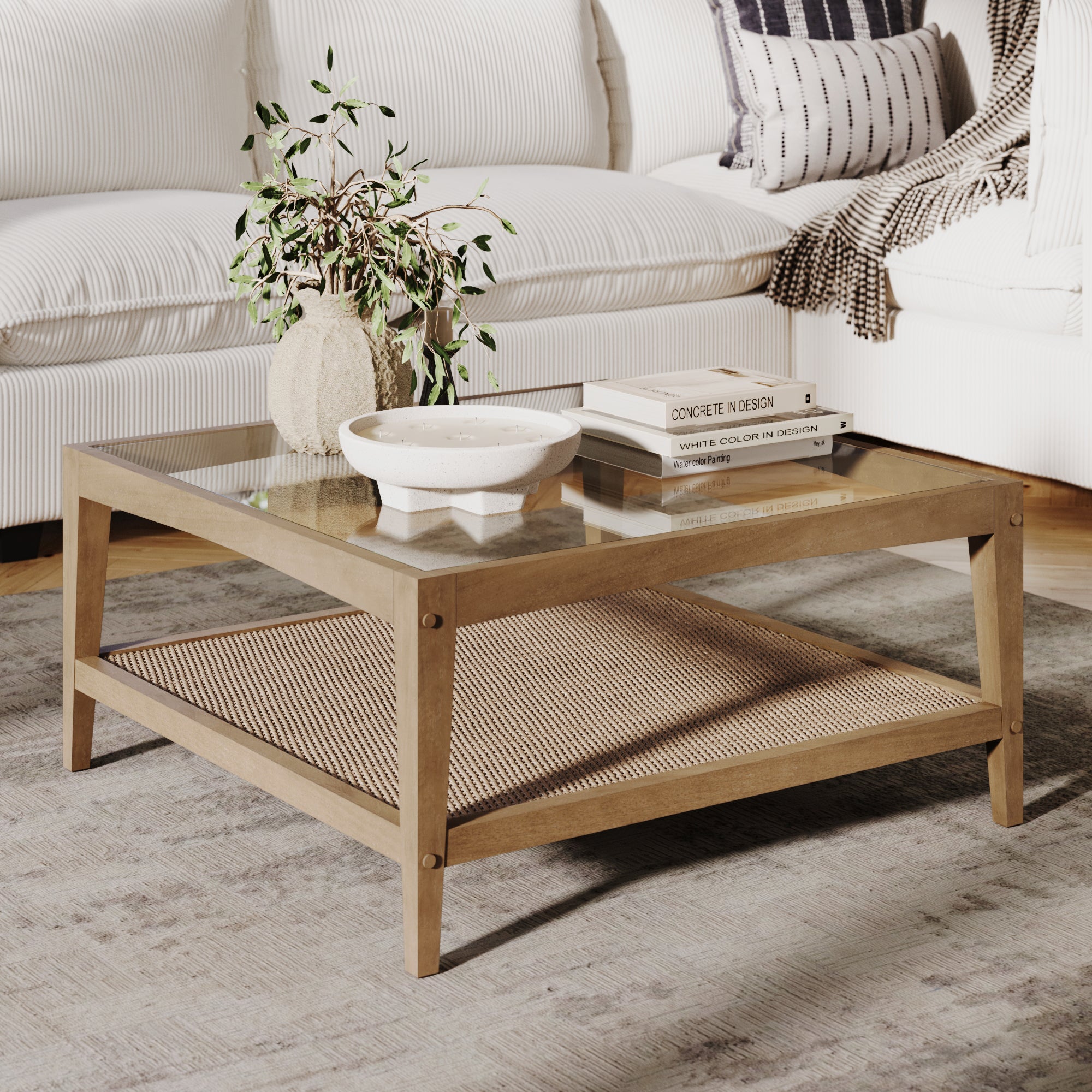 Square Glass & Rattan Coffee Table with Solid Wood Legs