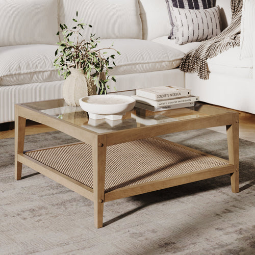 Rattan Glass Wood Coffee Table - Light Brown & Rattan