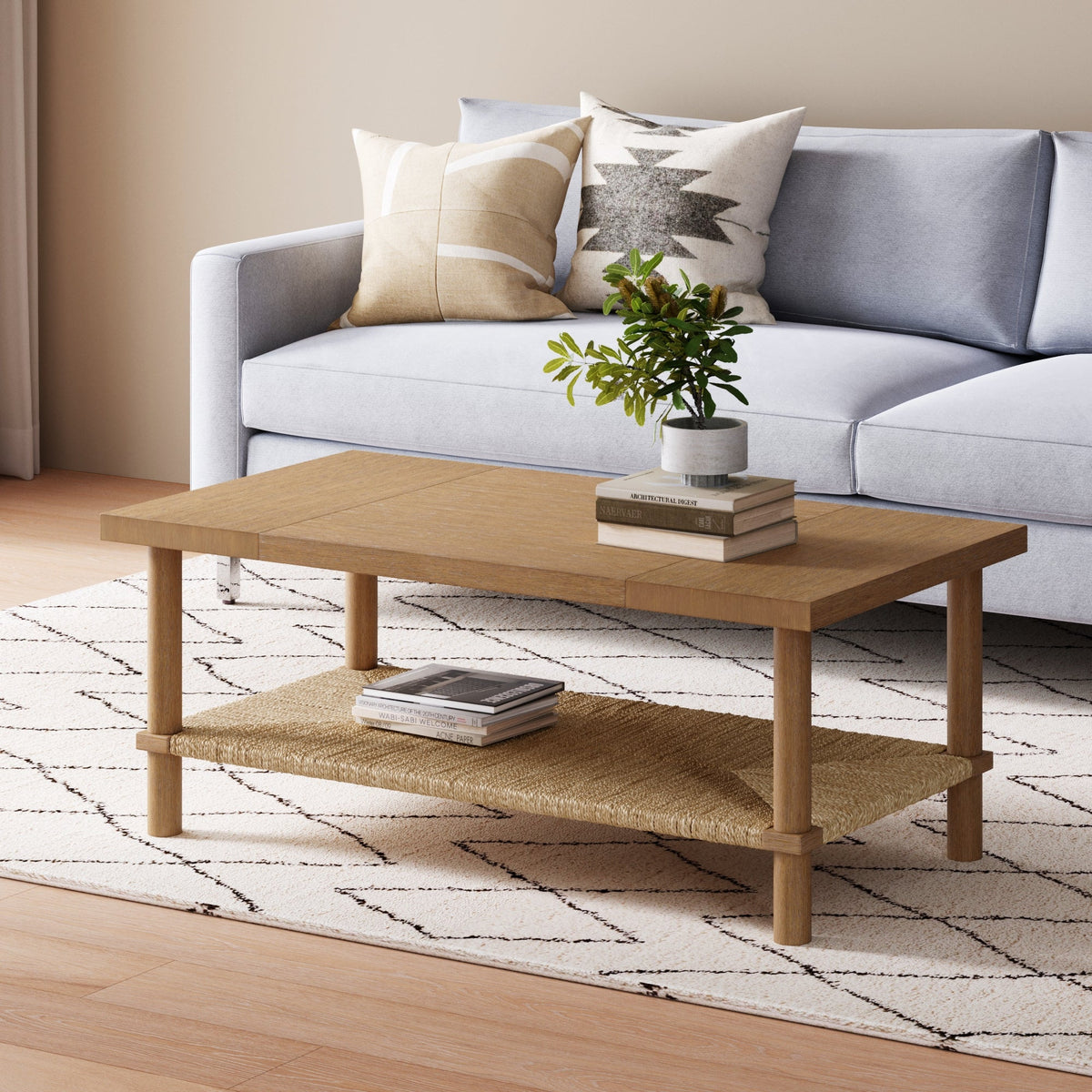 Seagrass Wood Boho Coffee Table - Brushed Light Brown & Seagrass