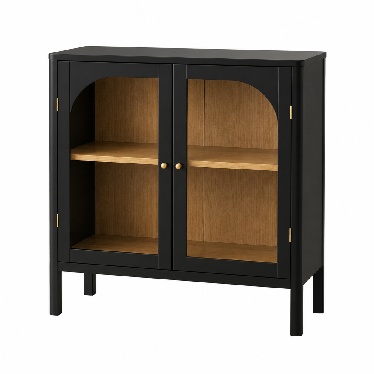 Glass Wood Storage Cabinet - Matte Black & Light Oak
