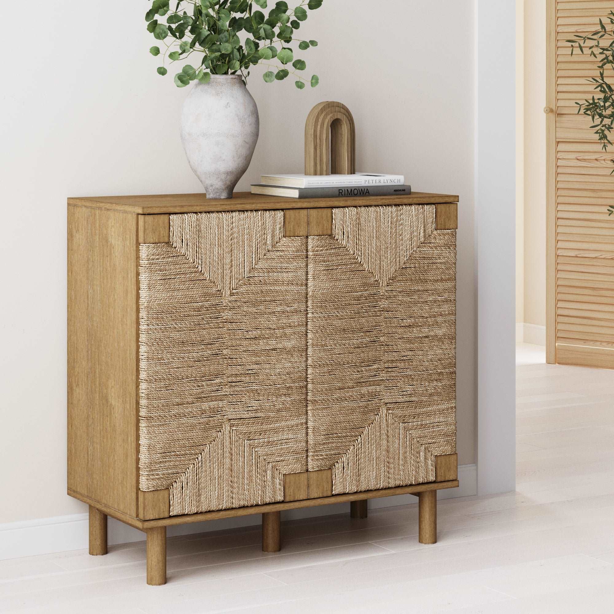 Wood & Seagrass Storage Cabinet Brown