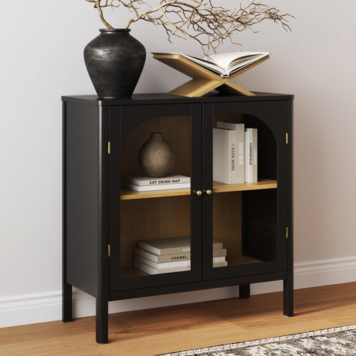 Glass Wood Storage Cabinet - Matte Black & Light Oak
