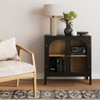 Glass Wood Storage Cabinet - Matte Black & Light Oak