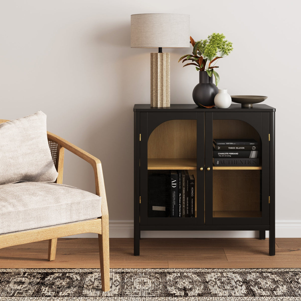 Glass Wood Storage Cabinet - Matte Black & Light Oak