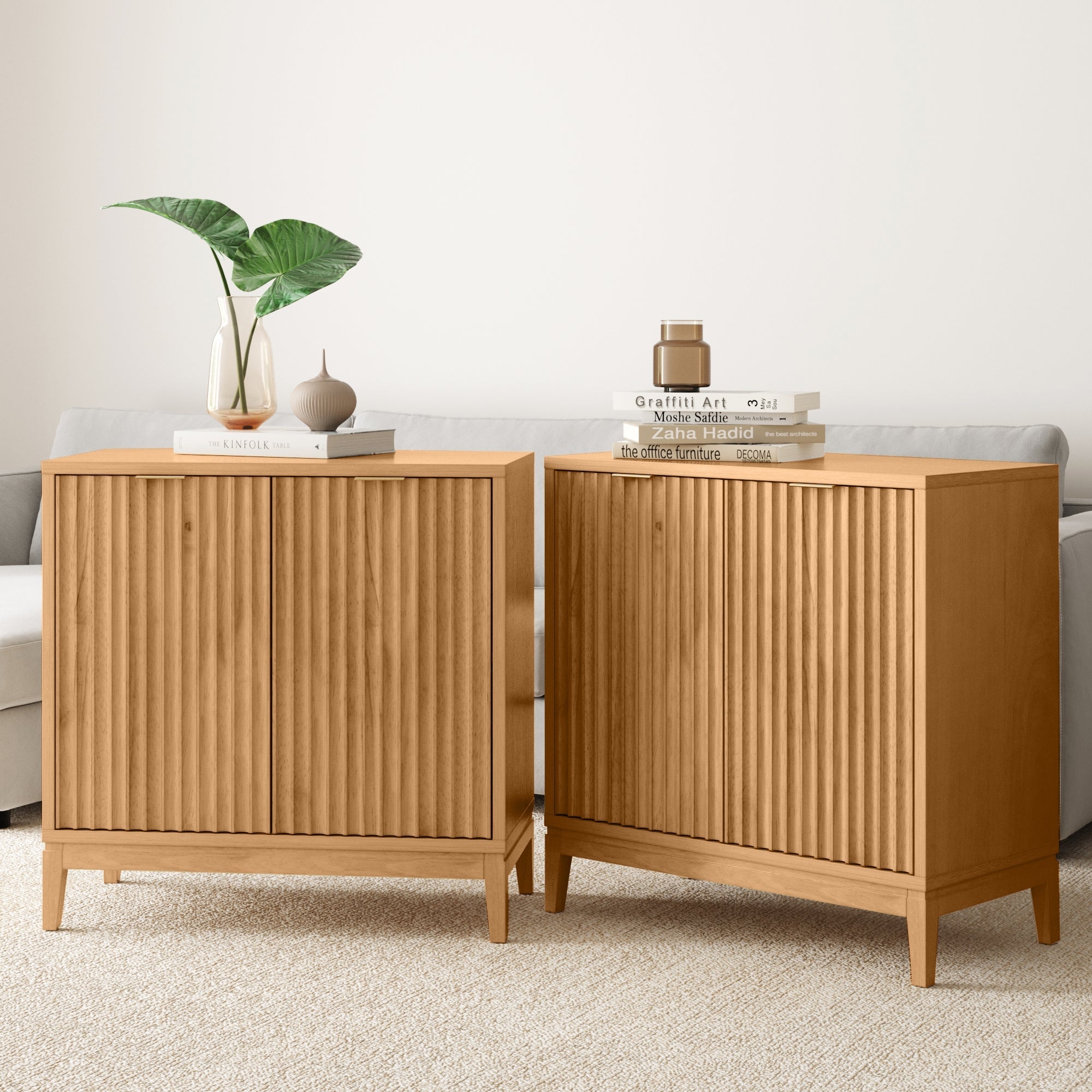Mid-Century Fluted TV Console Credenza Warm Pine (Set of 2)