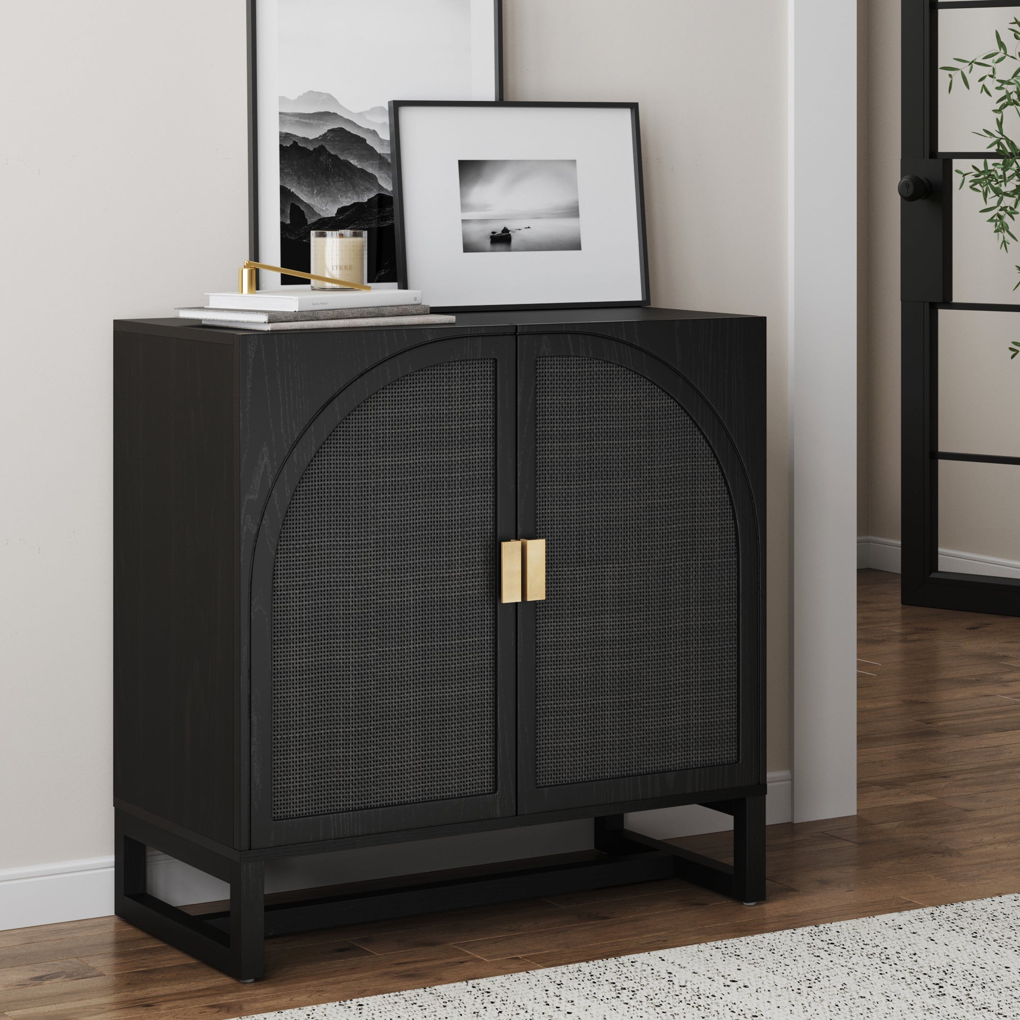 Arched Wooden 2-Door Storage Cabinet Black Rattan