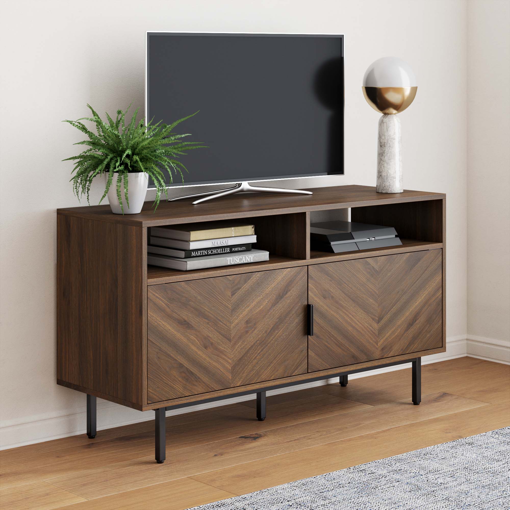 Wood Herringbone TV Cabinet Walnut