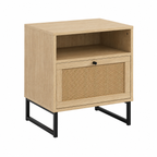 Rattan Wood Oak Nightstand - Light Oak & Rattan & Matte Black